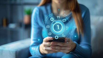 In this image, a girl holds a smartphone and presses the icon to access 24-hour support. The concept of support is embodied in this image.