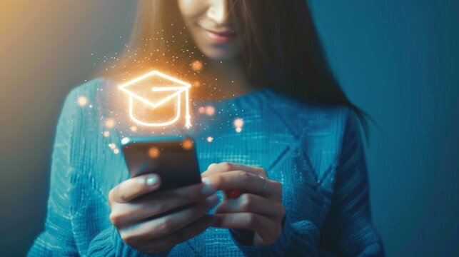 Image of a girl with a smartphone in her hand pressing on an icon of a graduation hat cap. Concept of online education and career choice.