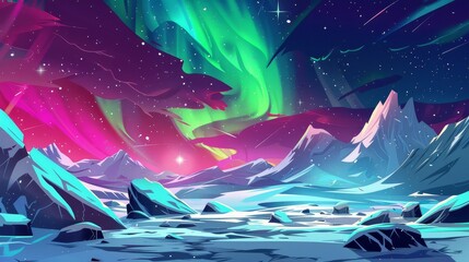 At midnight, the aurora borealis, the northern lights, are visible in the arctic sky. Modern cartoon illustration of winter sky with stars and polar lights in green, blue and pink lights.