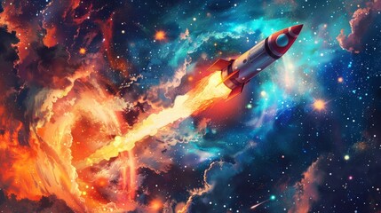 A captivating space-themed wallpaper adorned with a delightful cartoon rocket soaring through a magical galaxy filled with celestial wonders - obrazy, fototapety, plakaty