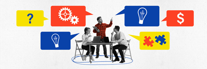 Banner. Contemporary art collage. Business people sitting at desk and working, discussing start of new project. Concept of business development, career growth, cooperation and work in team. Ad