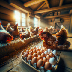 Hens and collected eggs in a chicken coop with morning light streaming through windows.