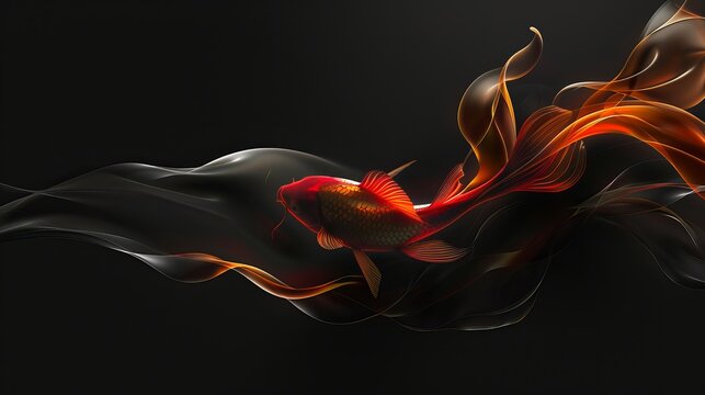 Close-up of carp tail, flowing 3D abstract shape on black background, red and gold color
