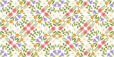 Continuous design pattern with floral elements. Botanical-inspired repeated design featuring lilac, orange, and white flowers, pink cherry blossom, different leaves.