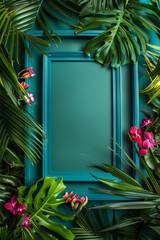 Frame mockup with Tropical leaves foliage and flowers arrangement, copy space