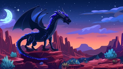 Imaginative fantasy illustration of a spooky magic beast with wings and a red desert landscape at night with rocks. - obrazy, fototapety, plakaty