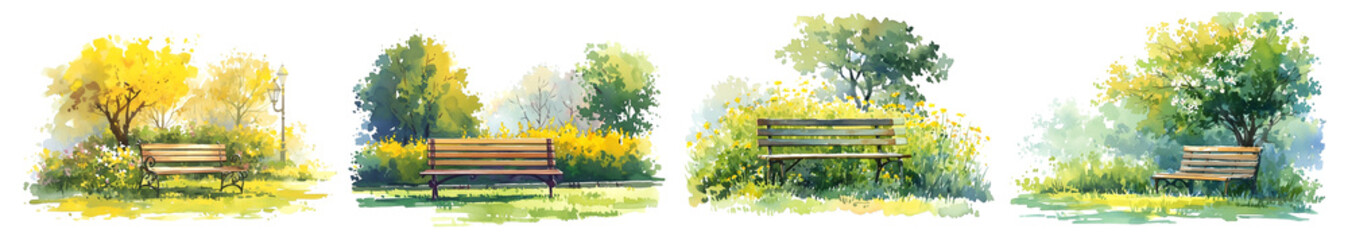 Watercolor illustration of bench in park in summer or spring isolated on white - 786151172
