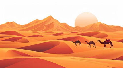 A desert scene with sand dunes in simple flat vector illustration style. A caravan or herd walking across a large area towards distant mountains in a minimalist design style. - obrazy, fototapety, plakaty
