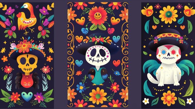 The Day of the Dead banners are decorated with skulls, flowers, hearts, skeletons of cats and birds. They are modern landing pages with a cartoon Mexican pattern.
