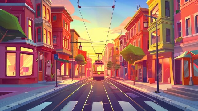An evening city street with trams, houses, and an empty road with pedestrian crossings at sunset. Modern parallax background for 2D animation of a night city with trams and buildings.