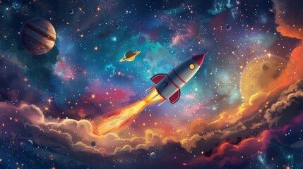 A whimsical space-themed wallpaper adorned with a cheerful cartoon rocket flying amidst a captivating galaxy filled with stars and planets - obrazy, fototapety, plakaty