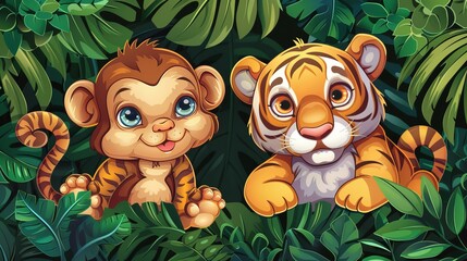 Obraz na płótnie Canvas An invitation card for an outdoor jungle party featuring cartoon monkeys and tiger cubs in the rainforest. Inspiring children with the wild nature exotic animals in the tropical forest, modern