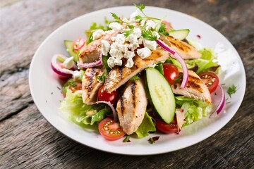 Grilled chicken salad with fresh vegetables and feta cheese