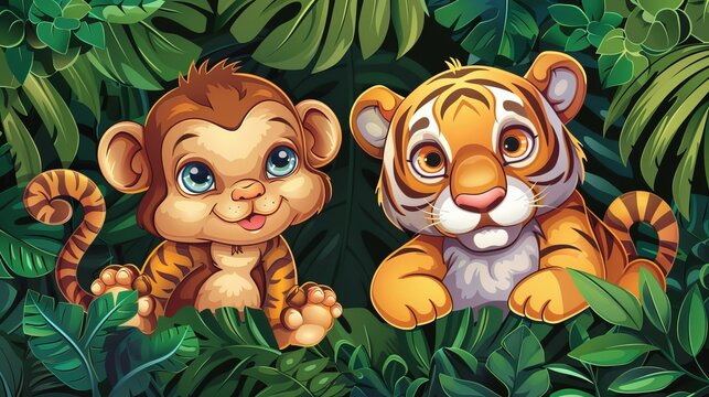 An invitation card for an outdoor jungle party featuring cartoon monkeys and tiger cubs in the rainforest. Inspiring children with the wild nature exotic animals in the tropical forest, modern