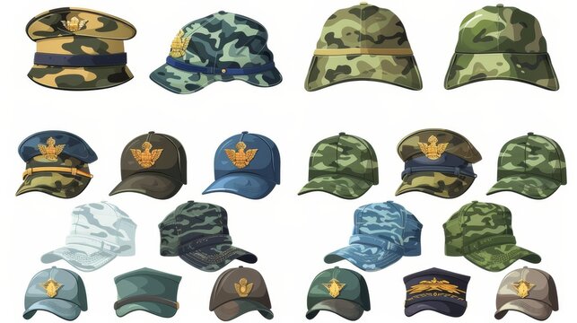 Caps for soldiers and officers. Camouflage and army uniform headdresses in a modern cartoon format. Set of hats, helmets and berets with golden insignia isolated on white.