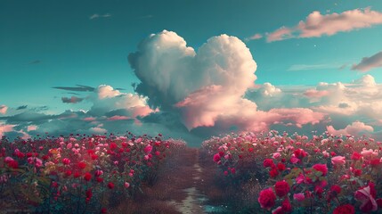 A heart-shaped cloud in the sky, a road leading to it, a field of red and pink roses, romantic atmosphere
