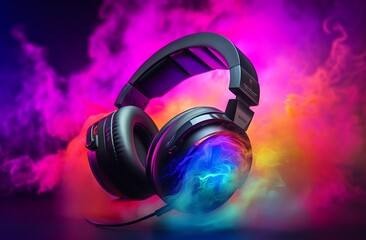 Stereo headphones exploding in festive colorful splash