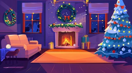 A Christmas tree in the living room and a fireplace at night. Modern illustration with New Year's decorations, a Christmas fir with silver balls, and a garland.