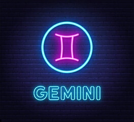 Neon Gemini Sign on brick wall background.