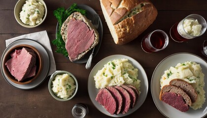 Traditional Irish dinner with corned beef, soda bread and colcannon overhead shot