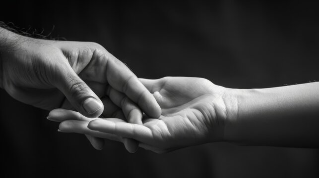 A black and white image of a male hand holding a female palm could symbolize help, protection, love, and care.