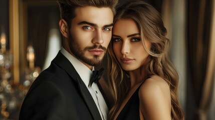 Attractive man in sharp suit posing with his stunning girlfriend gazing at the camera - obrazy, fototapety, plakaty