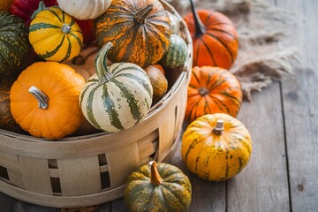 Variety of colorful decorative pumpkins in a big basket