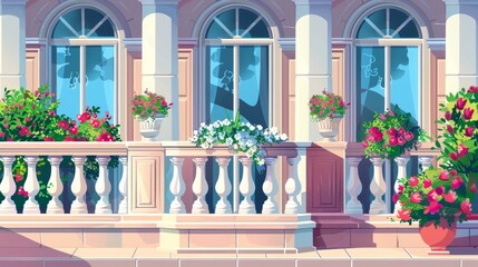 Terrace, balcony, and white marble balustrade with flowers in pots. Illustration of an empty building veranda, pillars, and a historical landscape with pillars.