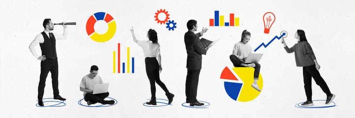 Contemporary art collage. Group of smart office workers analyzing, working hard chart, graphs to find strategy and achieve goal. Concept of business development, career growth, work in team. Ad