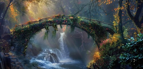 A bridge of dreams adorned with cascading vines, leading to a hidden paradise.