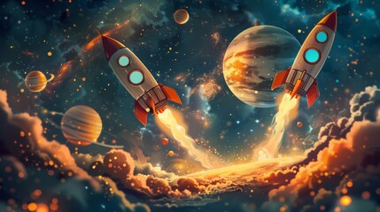 An enchanting illustration showcasing a space-themed wallpaper adorned with a cheerful cartoon rocket flying amidst a mesmerizing galaxy of stars and planets