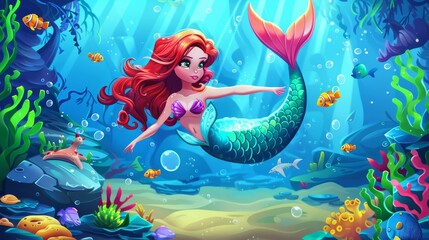 This is a modern illustration of a beautiful girl mermaid and a little fish underwater in the ocean. It is composed of marine plants and animals and a beautiful woman fish with red hair and a tail.