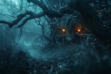 A scary monster with glowing eyes is hiding in the dark woods - obrazy, fototapety, plakaty