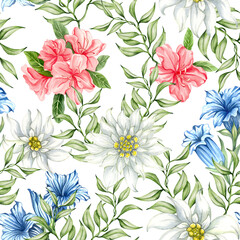 Seamless pattern with alpine flowers. Edelweise, rhododendron, gentiana. Watercolor print for textile, wallpaper, covers, surface.