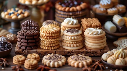 Behold the symphony of flavors and textures in a captivating display of artisanal cookies, arranged delicately on a rustic wooden table.