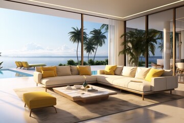Fototapeta premium Interior architecture of a modern and cozy living room with sofa and furniture under warm sunlight without people. Generative AI.