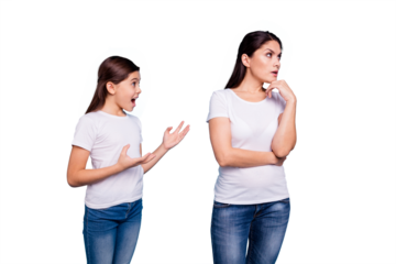 Close up photo two people brown haired mum disinterested ignoring small little daughter yelling ask chat speak tell talk mistakes sorry wear white t-shirts isolated bright blue background