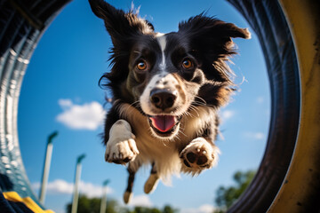 Border Collie dog running through tunnel while doing agility sport - obrazy, fototapety, plakaty