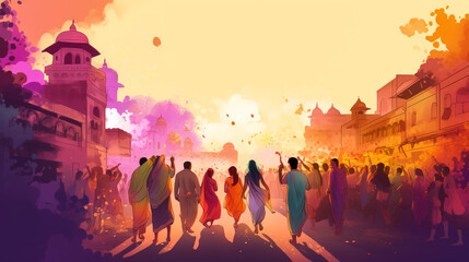 vector watercolor illustration of happy people dancing on holi dust in India .
