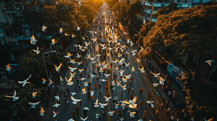 Flock of White Doves Soaring Over Bustling City Street at Sunset - Powered by Adobe