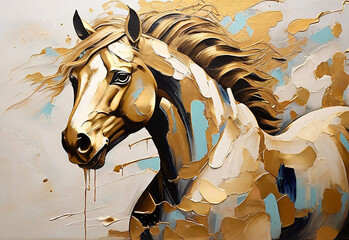 Horse head with golden paint splashes on a white background. - obrazy, fototapety, plakaty