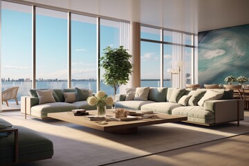 Interior architecture of a modern and cozy living room with sofa and furniture under warm sunlight without people. Generative AI.