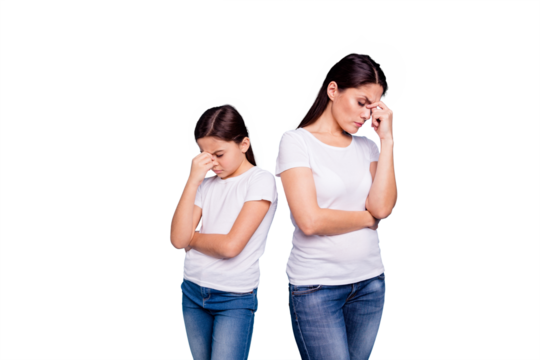 Close up photo two people brown haired mum disinterested small little daughter hand on face sick and tired sorry blaming eyes closed wear white t-shirts isolated bright blue background