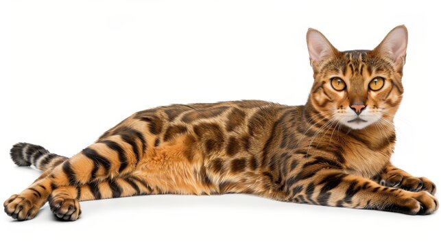 Hyperrealistic photo of bengal cat on white background, pet care concept, banner