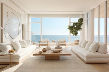 Fototapeta premium Interior architecture of a modern and cozy living room with sofa and furniture under warm sunlight without people. Generative AI.