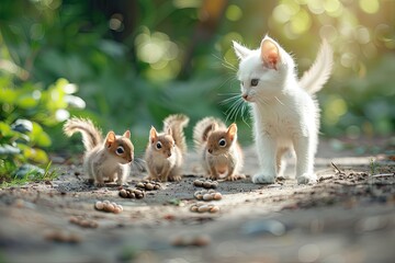 Naklejka na ściany i meble fluffy white kitten leading a group of squirrels on a treasure hunt in the backyard, following a map drawn with paw prints