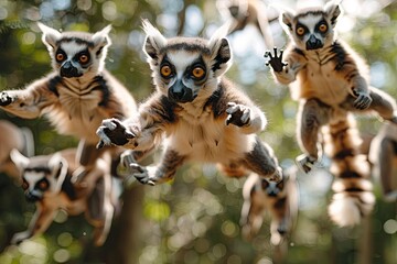 A troop of lemurs practicing their acrobatic skills in the treetops, leaping and somersaulting with graceful agility - obrazy, fototapety, plakaty