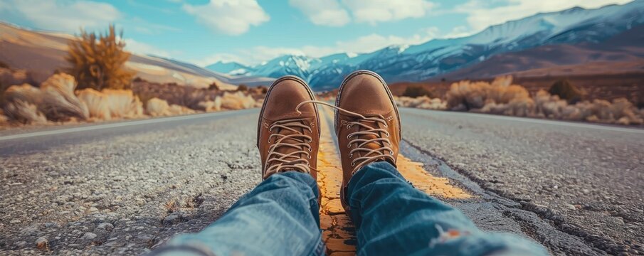 A close up of the travel scale shoes on the road with yellow lines with beautiful nature around.