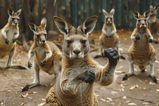 kangaroo kickboxing class for other marsupials, teaching them self-defense moves with expert skill