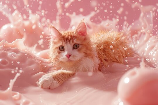 cat surfing on a wave of pink milk